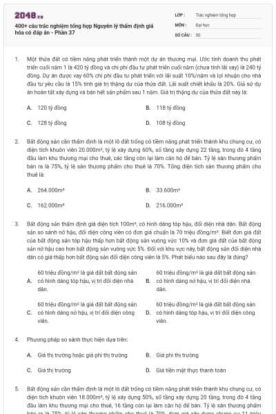 400+ câu trắc nghiệm tổng hợp Nguyên lý thẩm định giá hóa có đáp án - Phần 37