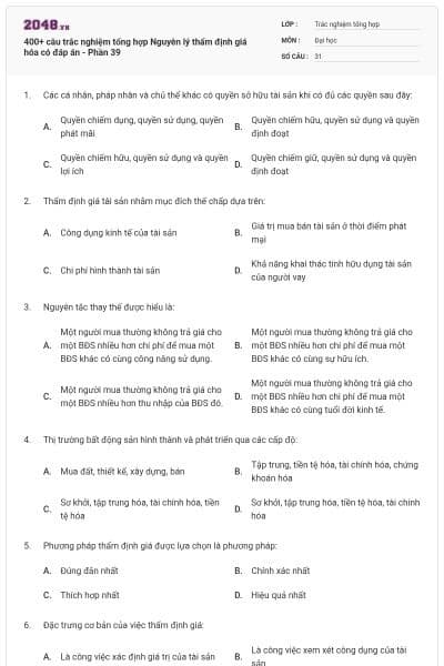 400+ câu trắc nghiệm tổng hợp Nguyên lý thẩm định giá hóa có đáp án - Phần 39