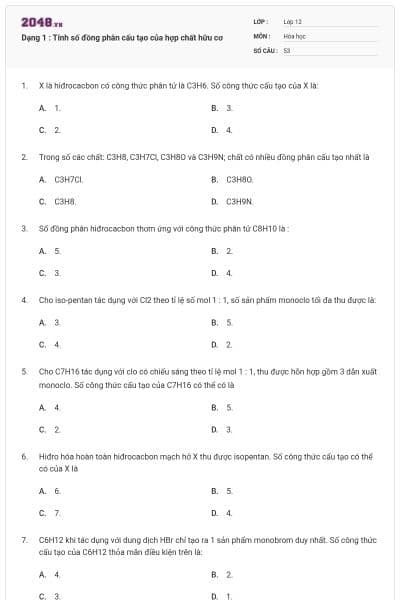 Dạng 1 : Tính số đồng phân cấu tạo của hợp chất hữu cơ