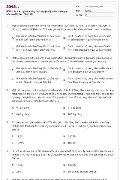 400+ câu trắc nghiệm tổng hợp Nguyên lý thẩm định giá hóa có đáp án - Phần 40