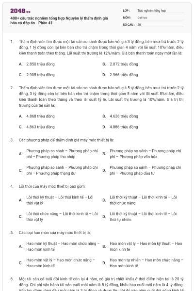 400+ câu trắc nghiệm tổng hợp Nguyên lý thẩm định giá hóa có đáp án - Phần 41