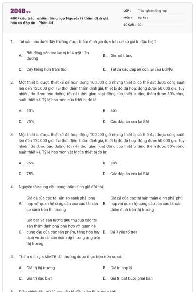 400+ câu trắc nghiệm tổng hợp Nguyên lý thẩm định giá hóa có đáp án - Phần 44