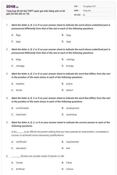Tổng hợp đề thi thử THPT quốc gia môn tiếng anh có lời giải chi tiết (Đề số 10)