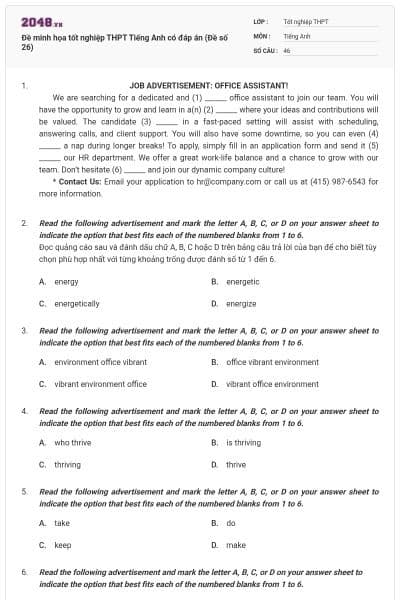 Đề minh họa tốt nghiệp THPT Tiếng Anh có đáp án (Đề số 26)