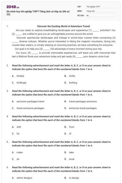 Đề minh họa tốt nghiệp THPT Tiếng Anh có đáp án (Đề số 33)