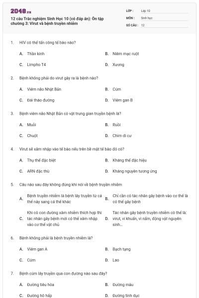 12 câu Trắc nghiệm Sinh Học 10 (có đáp án): Ôn tập chường 3: Virut và bệnh truyền nhiễm