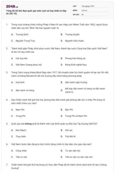 Tổng đề thi thử thpt quốc gia môn Lịch sử hay nhất có đáp án (đề 10)