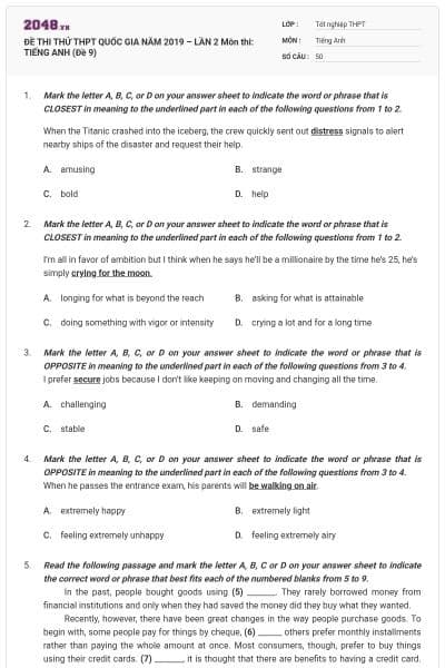 ĐỀ THI THỬ THPT QUỐC GIA NĂM 2019 – LẦN 2 Môn thi: TIẾNG ANH (Đề 9)