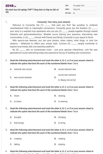 Đề minh họa tốt nghiệp THPT Tiếng Anh có đáp án (Đề số 40)