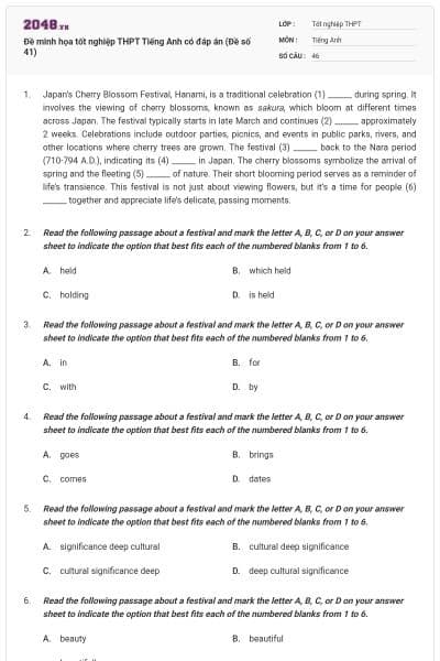 Đề minh họa tốt nghiệp THPT Tiếng Anh có đáp án (Đề số 41)