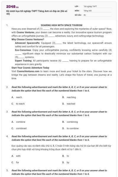 Đề minh họa tốt nghiệp THPT Tiếng Anh có đáp án (Đề số 45)
