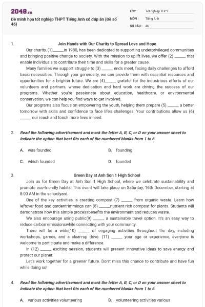 Đề minh họa tốt nghiệp THPT Tiếng Anh có đáp án (Đề số 46)
