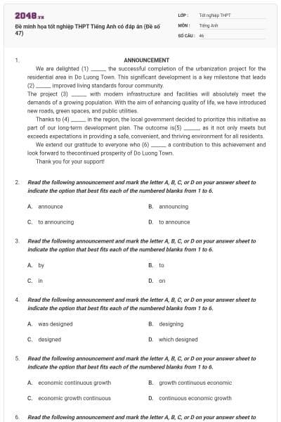 Đề minh họa tốt nghiệp THPT Tiếng Anh có đáp án (Đề số 47)