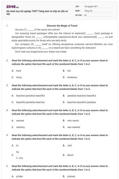 Đề minh họa tốt nghiệp THPT Tiếng Anh có đáp án (Đề số 48)