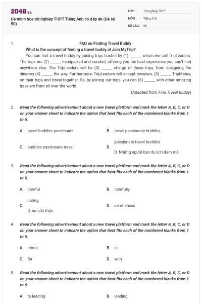 Đề minh họa tốt nghiệp THPT Tiếng Anh có đáp án (Đề số 50)