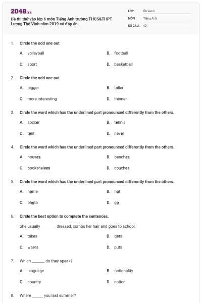Đề thi thử vào lớp 6 môn Tiếng Anh trường THCS&THPT Lương Thế Vinh năm 2019 có đáp án