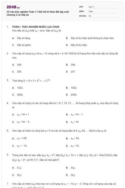 25 câu trắc nghiệm Toán 11 Kết nối tri thức Bài tập cuối chương 2 có đáp án