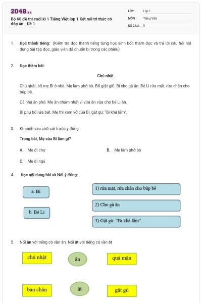 Bộ 60 đề thi cuối kì 1 Tiếng Việt lớp 1 Kết nối tri thức có đáp án - Đề 1