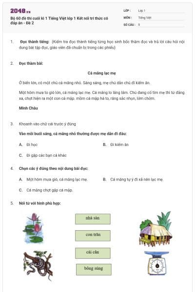 Bộ 60 đề thi cuối kì 1 Tiếng Việt lớp 1 Kết nối tri thức có đáp án - Đề 2