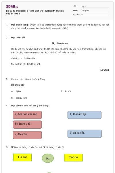 Bộ 60 đề thi cuối kì 1 Tiếng Việt lớp 1 Kết nối tri thức có đáp án - Đề 4