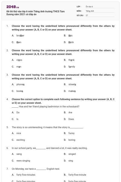 Đề thi thử vào lớp 6 môn Tiếng Anh trường THCS Tam Dương năm 2021 có đáp án