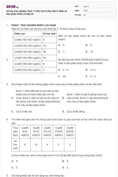 20 câu trắc nghiệm Toán 11 Kết nối tri thức Bài 8: Mẫu số liệu ghép nhóm có đáp án
