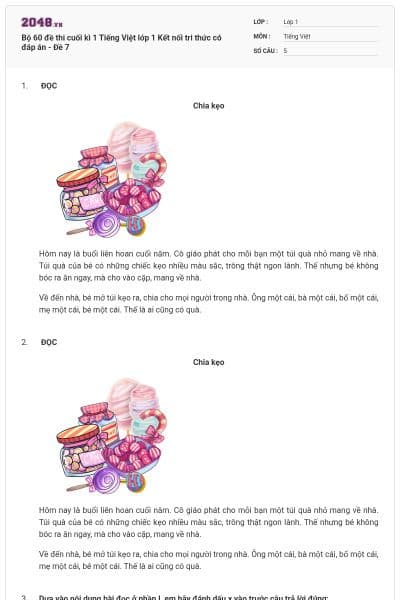 Bộ 60 đề thi cuối kì 1 Tiếng Việt lớp 1 Kết nối tri thức có đáp án - Đề 7