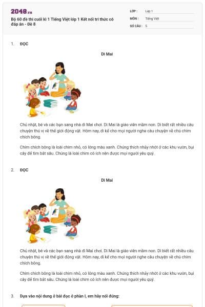 Bộ 60 đề thi cuối kì 1 Tiếng Việt lớp 1 Kết nối tri thức có đáp án - Đề 8