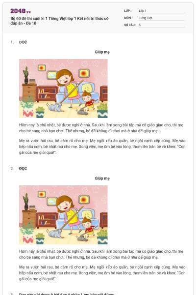 Bộ 60 đề thi cuối kì 1 Tiếng Việt lớp 1 Kết nối tri thức có đáp án - Đề 10