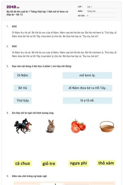 Bộ 60 đề thi cuối kì 1 Tiếng Việt lớp 1 Kết nối tri thức có đáp án - Đề 12