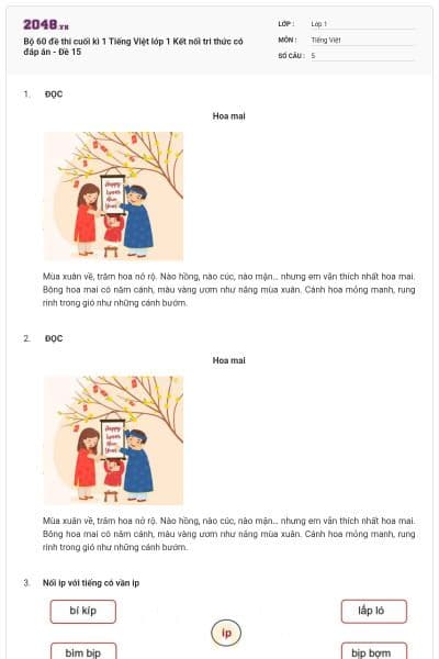Bộ 60 đề thi cuối kì 1 Tiếng Việt lớp 1 Kết nối tri thức có đáp án - Đề 15