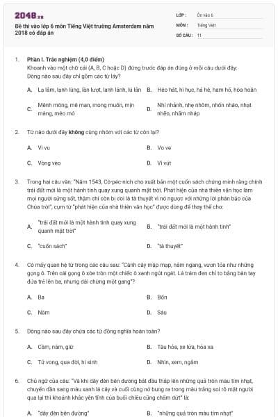Đề thi vào lớp 6 môn Tiếng Việt trường Amsterdam năm 2018 có đáp án