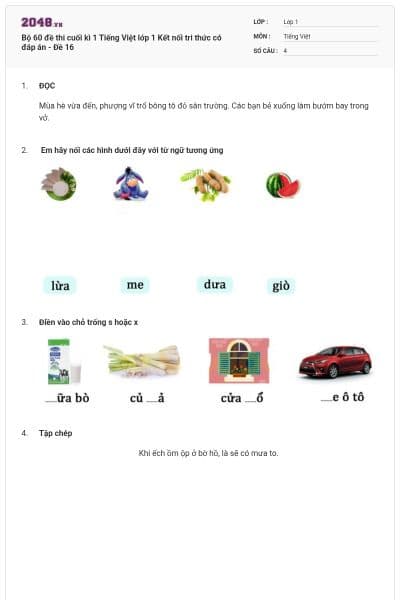 Bộ 60 đề thi cuối kì 1 Tiếng Việt lớp 1 Kết nối tri thức có đáp án - Đề 16