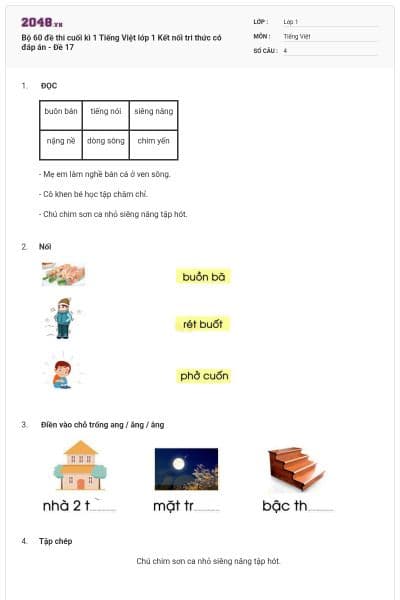 Bộ 60 đề thi cuối kì 1 Tiếng Việt lớp 1 Kết nối tri thức có đáp án - Đề 17