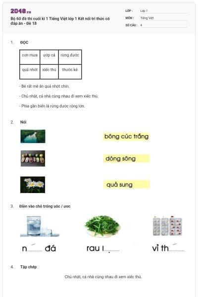 Bộ 60 đề thi cuối kì 1 Tiếng Việt lớp 1 Kết nối tri thức có đáp án - Đề 18