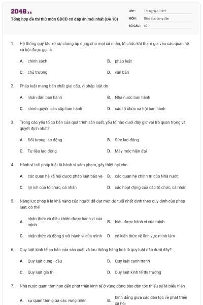 Tổng hợp đề thi thử môn GDCD có đáp án mới nhất (Đề 10)