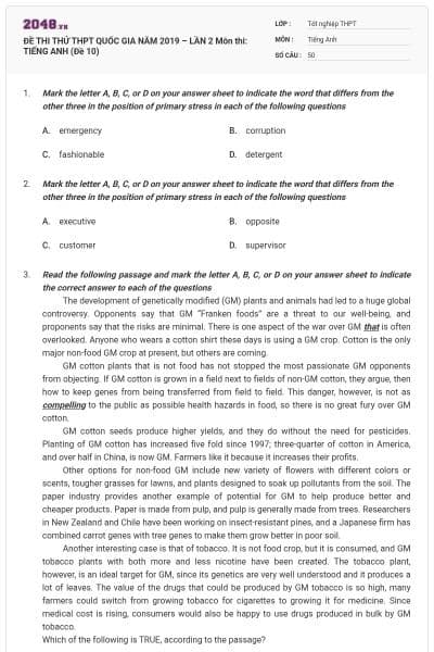 ĐỀ THI THỬ THPT QUỐC GIA NĂM 2019 – LẦN 2 Môn thi: TIẾNG ANH (Đề 10)