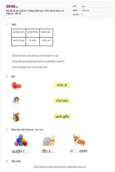 Bộ 60 đề thi cuối kì 1 Tiếng Việt lớp 1 Kết nối tri thức có đáp án - Đề 19