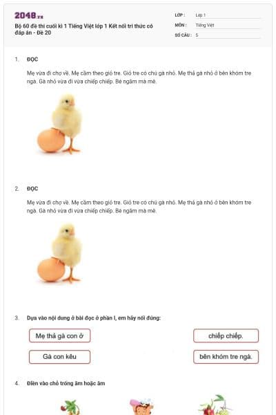 Bộ 60 đề thi cuối kì 1 Tiếng Việt lớp 1 Kết nối tri thức có đáp án - Đề 20