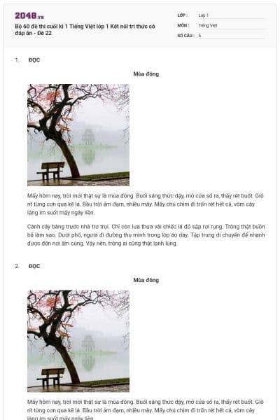 Bộ 60 đề thi cuối kì 1 Tiếng Việt lớp 1 Kết nối tri thức có đáp án - Đề 22