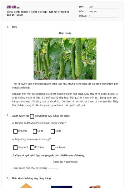 Bộ 60 đề thi cuối kì 1 Tiếng Việt lớp 1 Kết nối tri thức có đáp án - Đề 27