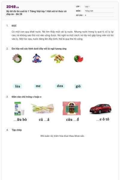 Bộ 60 đề thi cuối kì 1 Tiếng Việt lớp 1 Kết nối tri thức có đáp án - Đề 28