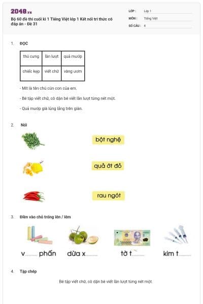 Bộ 60 đề thi cuối kì 1 Tiếng Việt lớp 1 Kết nối tri thức có đáp án - Đề 31