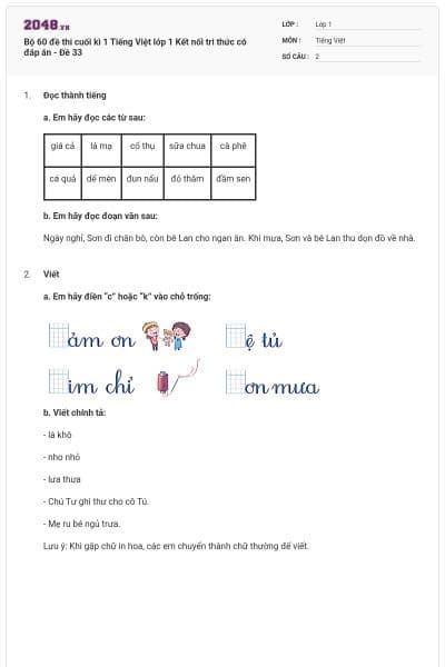 Bộ 60 đề thi cuối kì 1 Tiếng Việt lớp 1 Kết nối tri thức có đáp án - Đề 33