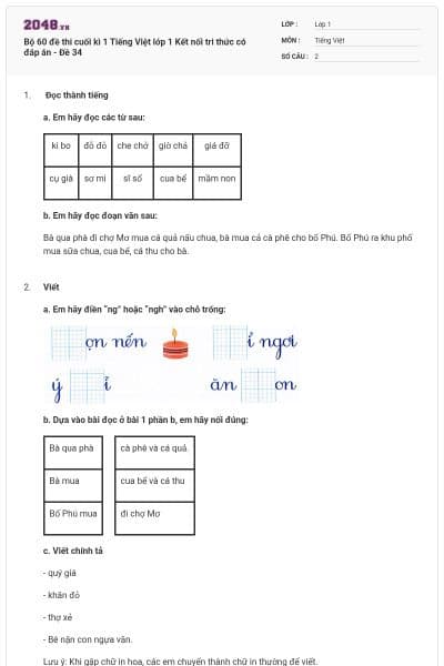 Bộ 60 đề thi cuối kì 1 Tiếng Việt lớp 1 Kết nối tri thức có đáp án - Đề 34