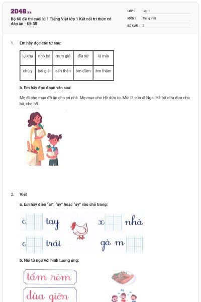 Bộ 60 đề thi cuối kì 1 Tiếng Việt lớp 1 Kết nối tri thức có đáp án - Đề 35