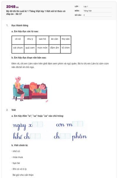 Bộ 60 đề thi cuối kì 1 Tiếng Việt lớp 1 Kết nối tri thức có đáp án - Đề 37
