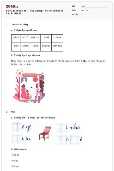 Bộ 60 đề thi cuối kì 1 Tiếng Việt lớp 1 Kết nối tri thức có đáp án - Đề 38