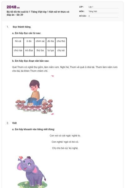 Bộ 60 đề thi cuối kì 1 Tiếng Việt lớp 1 Kết nối tri thức có đáp án - Đề 39