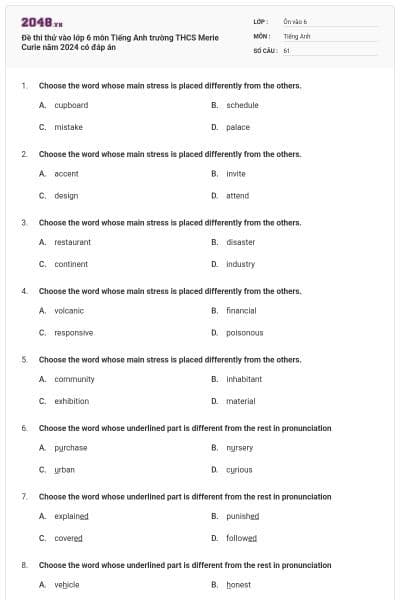 Đề thi thử vào lớp 6 môn Tiếng Anh trường THCS Merie Curie năm 2024 có đáp án